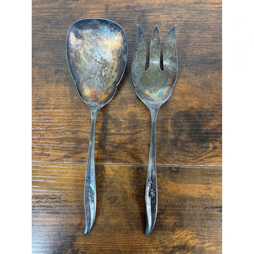 1847 Rogers Bros Daffodil Silverplate Salad Serving Set Fork Spoon Vintage 2pc